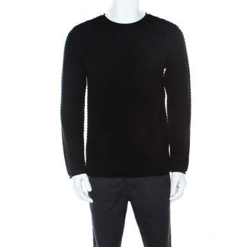 Pre Owned Armani Collezioni Black Textured  Wool Crew Neck Sweater L