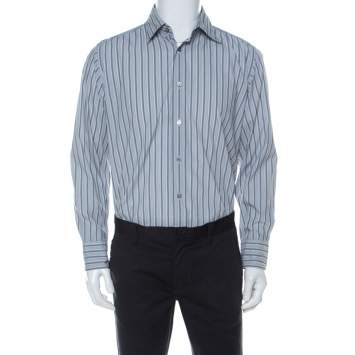 Pre Owned Armani Collezioni Grey Striped Cotton Blend Shirt M