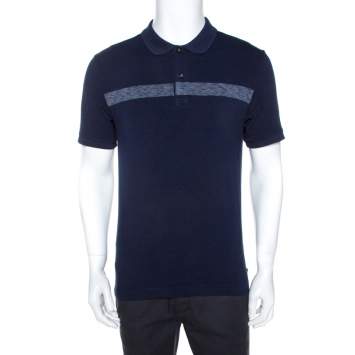 Pre Owned Armani Collezioni Navy Blue Knit Stripe Detail Polo T-Shirt XL