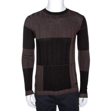 Pre Owned Armani Collezioni Black & Brown Wool Washed Out Effect Sweater M