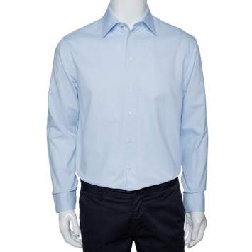 Pre Owned Armani Collezioni Light Blue Textured Cotton Long Sleeve Shirt L