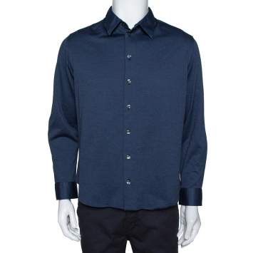 Pre Owned Armani Collezioni Navy Blue Cotton Knit Long Sleeve Shirt XL
