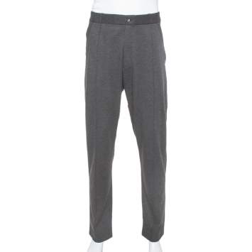 Pre Owned Armani Collezioni Dark Grey Knit Striped Pattern Tapered Trousers 3XL