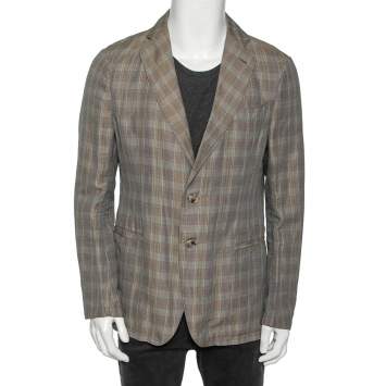 Pre Owned Armani Collezioni Beige Checkered Cotton Single Breasted Blazer L