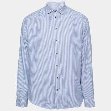 Pre Owned Armani Collezioni Blue Striped Cotton Long-Sleeve Button Front Shirt XL