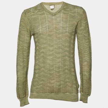 Pre Owned Armani Collezioni Green  Patterned Cotton Knit V-Neck Sweater 3XL
