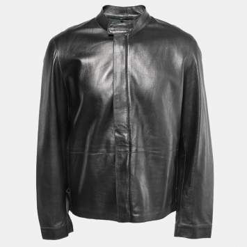 Pre Owned Armani Collezioni Black Leather Zip Front Jacket L