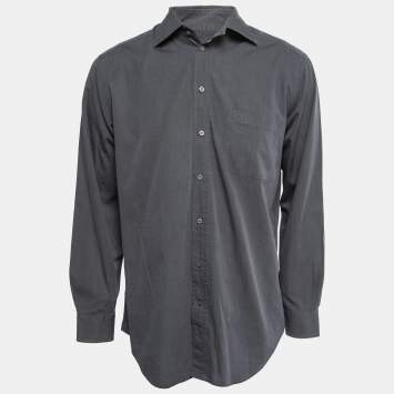 Pre Owned Armani Collezioni Grey Cotton Button Front Full Sleeve Shirt L