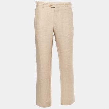 Pre Owned Armani Collezioni Beige Linen Straight Leg Trousers 2XL