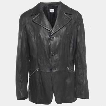 Pre Owned Armani Collezioni Black Crinkled Leather Buttoned Jacket XXL