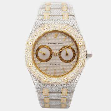 Audemars Piguet Customised Silver Diamond 18k Yellow Gold Stainless Steel Royal Oak 164 Automatic Men's Wristwatch 38 mm