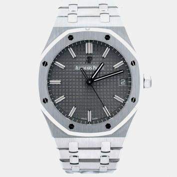 Pre Owned ساعة رجالية أوديمار بيغيه رويال أوك 15500ST.OO.1220ST.02 رمادية فولاذ مقاوم للصدأ تلقائية 41 مم