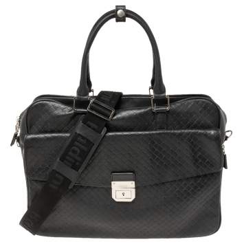 Pre Owned Baldinini Black Woven Embossed Leather Lock Laptop Briefcase 