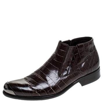 Pre Owned Baldinini Brown Crocodile Embossed Leather Ankle Boots Size 39