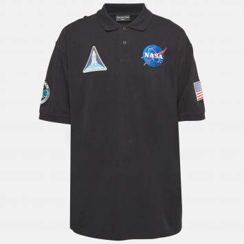 Pre Owned Balenciaga X Nasa Black Space Applique Cotton Polo T-Shirt XL