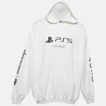 Pre Owned Balenciaga X Sony PS5 White Printed Cotton Oversized Hoodie XS