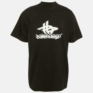 Pre Owned Balenciaga Unisex Black Logo Print Cotton Oversized T-Shirt M
