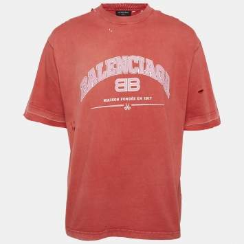 Pre Owned Balenciaga Unisex Red Logo Print Jersey Distressed  T-Shirt M