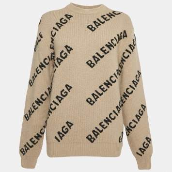 Balenciaga Beige Monogram Jacquard Wool Knit Crew Neck Sweater XS