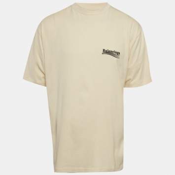 Pre Owned Balenciaga Cream Logo Embroidered Cotton Knit Oversized T-Shirt S