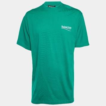 Pre Owned تي شيرت بالنسياغا قطن أخضر حملة سياسية واسعة الياقة مستديرة مقاس صغير (سمول)