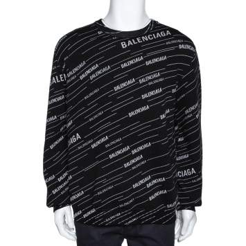 Pre Owned Balenciaga Monochrome Logo Jacquard Wool Crew Neck Sweater M