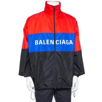 Pre Owned Balenciaga Color Block Logo Printed Synthetic Oversized Windbreaker Jacket XL