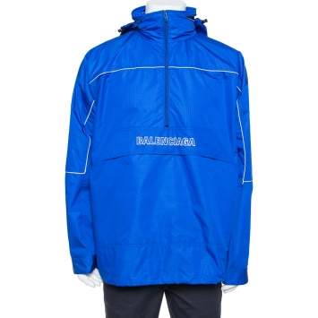 Pre Owned Balenciaga Blue Synthetic Logo Embroidered Oversized Wind Breaker Hoodie XS
