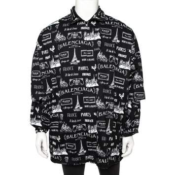 Pre Owned Balenciaga Black Cotton Graphic Logo Printed Jacket M