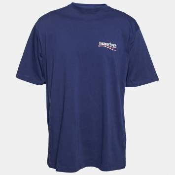 Pre Owned Balenciaga Blue Cotton Logo Embroidered Crew Neck T-Shirt S
