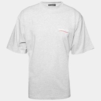 Pre Owned Balenciaga Grey Cotton Logo Embroidered Crew Neck T-Shirt M