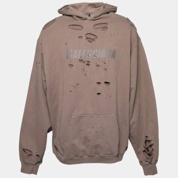 Pre Owned Balenciaga Brown Logo Printed Distressed Cotton Oversized Hoodie M