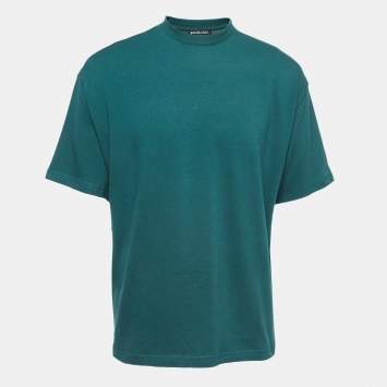 Pre Owned Balenciaga Green Logo Print Cotton Crew Neck T-Shirt M