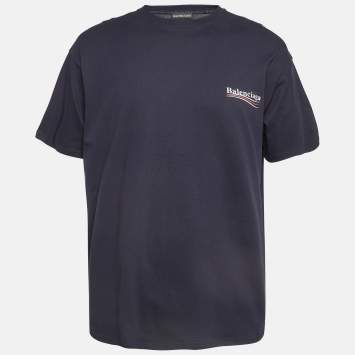 Pre Owned Balenciaga Navy Cotton Knit Logo Printed Crew Neck T-Shirt M