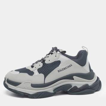 Pre Owned Balenciaga Grey/Blue Faux Leather and Mesh Triple S Sneakers Size 43