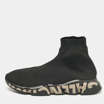 Pre Owned Balenciaga Black Knit Fabric Graffiti Speed Trainer Sneakers Size 44
