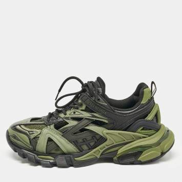 Pre Owned Balenciaga Green/Black Faux Leather and Mesh Track Sneakers Size 40