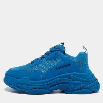 Pre Owned Balenciaga Blue Mesh and Leather Triple S Sneakers Size 42