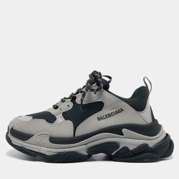 Pre Owned Balenciaga Black/Grey Leather and Mesh Triple S Sneakers Size 41