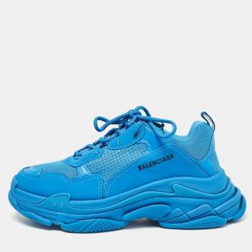 Pre Owned Balenciaga Blue Faux Leather and Mesh Triple S Sneakers Size 44