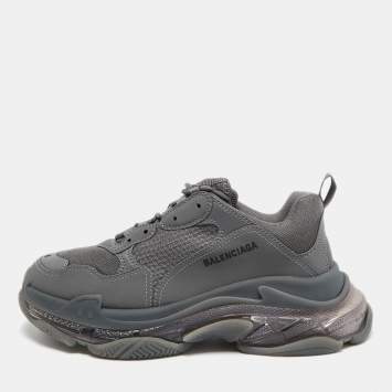Pre Owned Balenciaga Grey Faux Leather and Mesh Triple S Clear Sole Sneakers Size 44