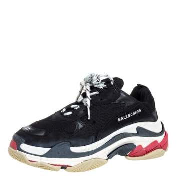 Pre Owned Balenciaga Black Mesh And Leather Triple S Platform Sneakers Size 41