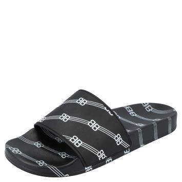 Pre Owned Balenciaga Black Logo Pool Slides Size EU 42