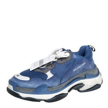 Pre Owned Balenciaga Blue/White Mesh And Leather Triple S Low Top Sneakers Size 43