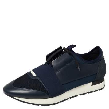 Pre Owned Balenciaga Blue/Black Leather And Mesh Race Runner Low Top Sneakers Size 45