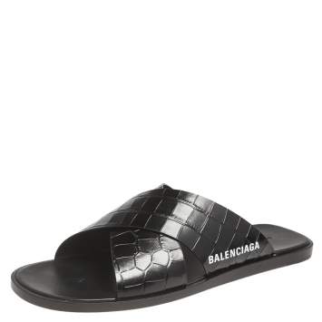 Pre Owned Balenciaga Black Croc Embossed Leather Cosy Crisscross Flat Slides Size 45