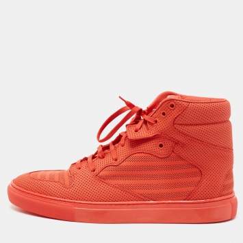 Pre Owned Balenciaga Orange Perforated Leather High-Top Sneakers Size 45