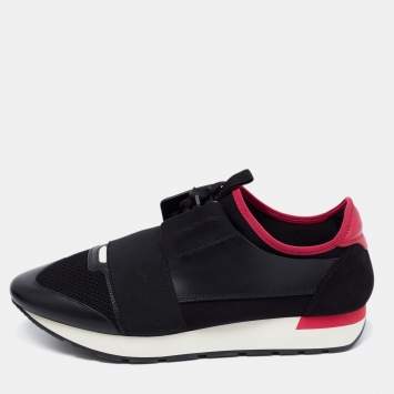 مملوكة مسبقًا Balenciaga Black/Red Leather And Mesh Race Runner Low Top Sneakers Size 43