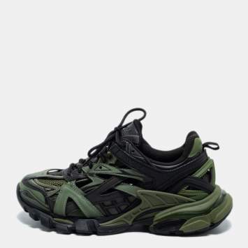 Pre Owned Balenciaga  Green/Black Leather and Mesh Track Sneakers Size 40