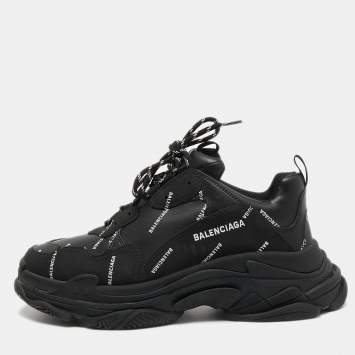Pre Owned Balenciaga Black Logo Print Leather Triple S Sneakers Size 46